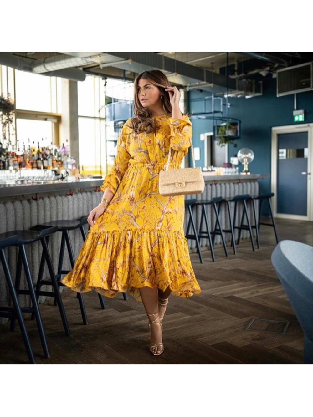 Johanna Ortiz x H&M Yellow Bird Botanical Print Ruffle Midi Dress XL